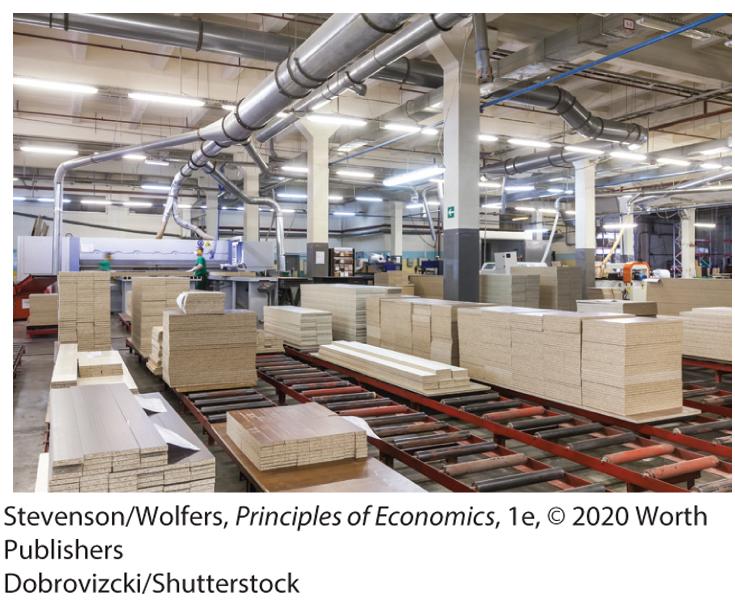 A flow diagram shows the following steps: Gain market share, Increase production, and Lower costs. An arrow between the first and the second step is labeled, Learning by doing. A photo of a production floor is shown below the flow diagram.