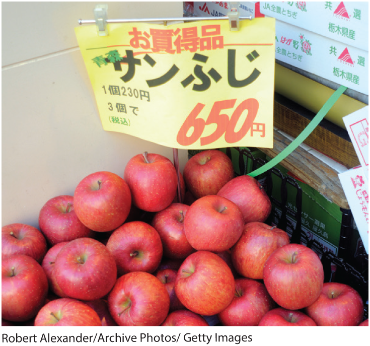 A photo shows apples piled for sale with the price tag displayed in Japanese.