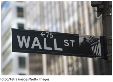 A photo shows a signpost that reads, Wall St. An arrow above it points to the left and reads 75. 