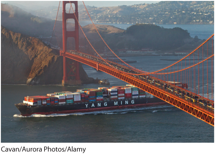 A photo shows a cargo vessel Yang Ning navigate under the Golden Gate Bridge. 