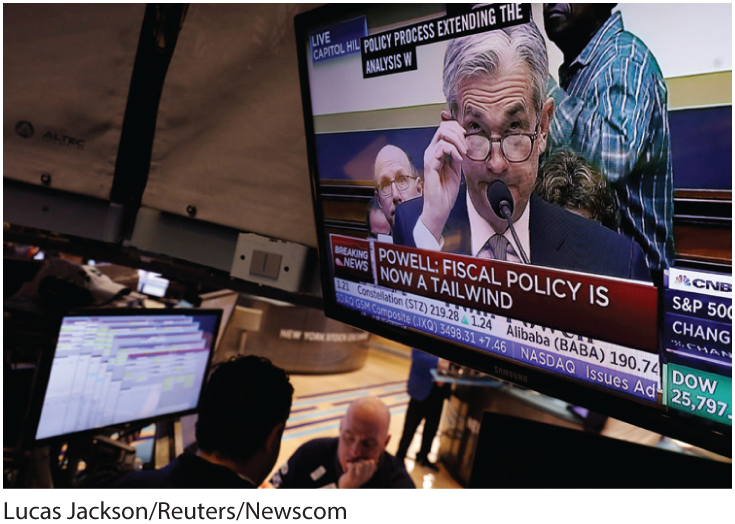 A photo of a big LED screen telecasting news shows Jerome Powell adjusting his glasses as he speaks before a microphone. The text on the top left corner screen reads, Live Capitol Hill. The scroll below reads, Breaking News: Powell: Fiscal policy is now a tailwind. The scrolls at the bottom of the screen show stock prices falling and rising. 