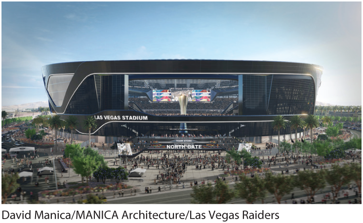 A photo shows the North Gate of the crowded Las Vegas stadium.