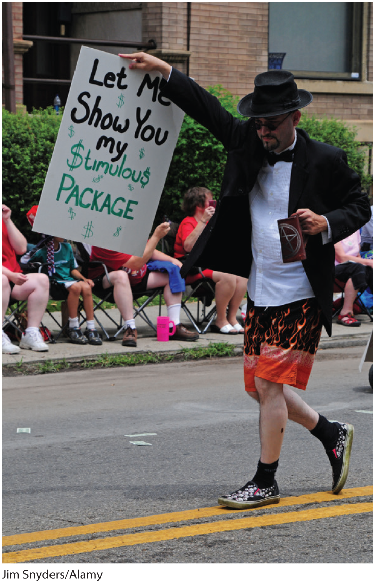 A photo of a man wearing a coat, a hat, and shorts holds a banner that reads, ‘Let me show you my stimulus package.’