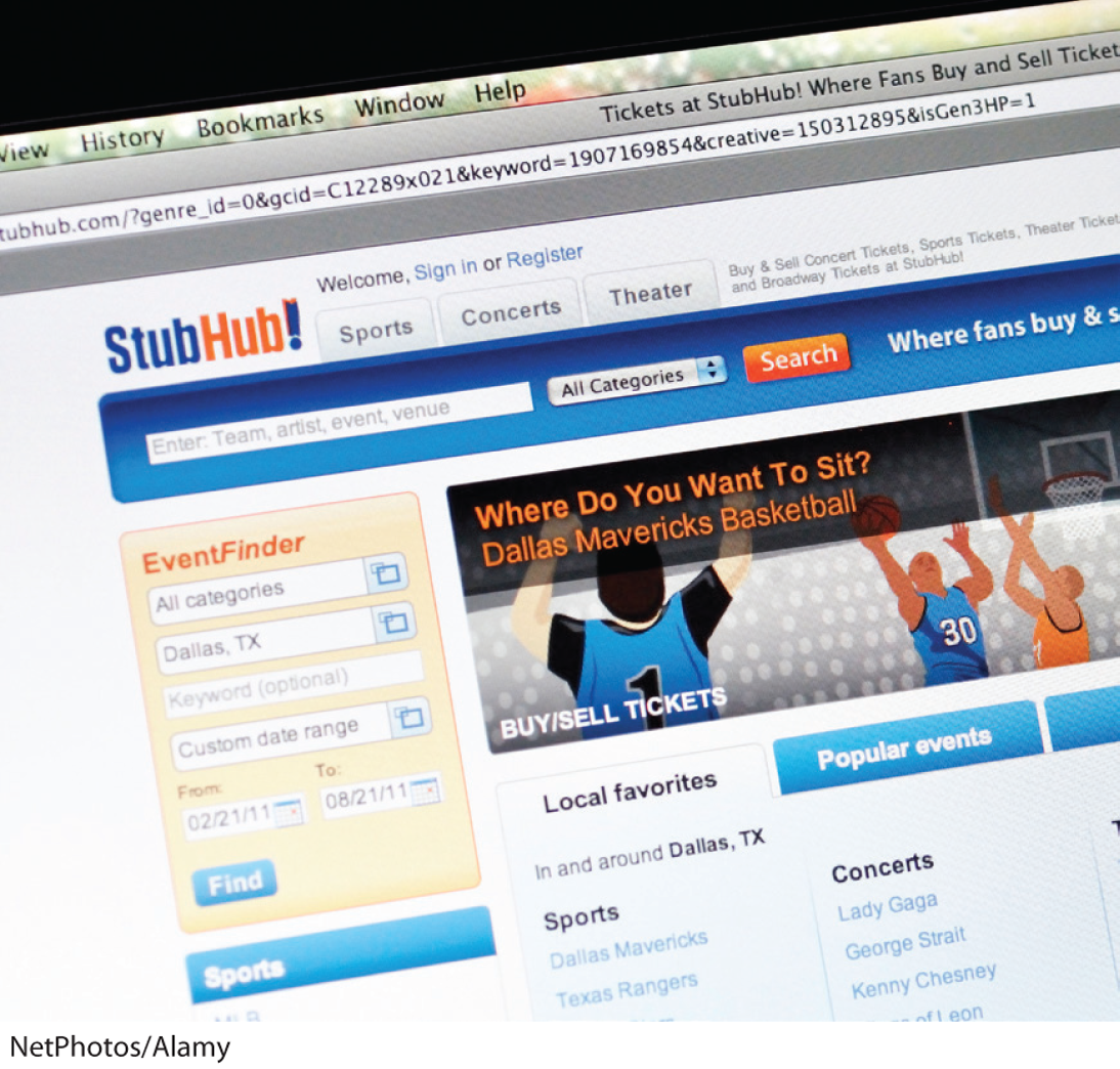 A screenshot of the Stub Hub website shows an advertisement to buy or sell tickets. Text on the advertisement reads, Where do you want to sit? Dallas Mavericks Basketball. 