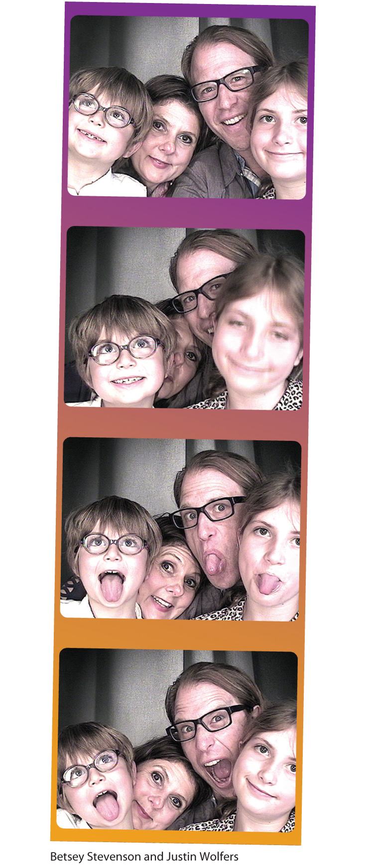 Four photos show Betsey Stevenson and Justin Wolfers posing with their kids in a photo booth, making different funny expressions in each photo.