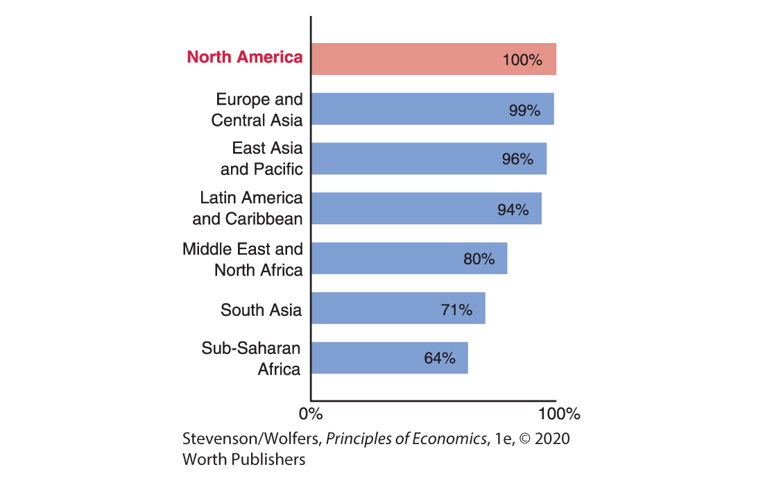 A horizontal bar graph shows the adult literacy rate in different regions.