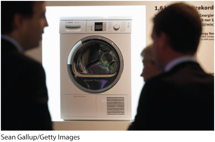 A photo shows a washing machine on display and men in suites discussing it.