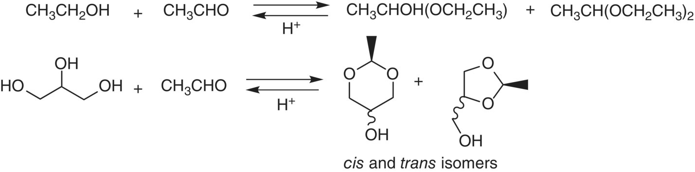 Schematic flow illustrating acetal equilibria in the presence of acid in hydroalcoholic media.