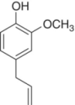 Structural formula of eugenol (4-allyl-2-methoxyphenol).