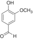 Structural formula of vanillin (4-hydroxy-3-methoxybenzaldehyde).