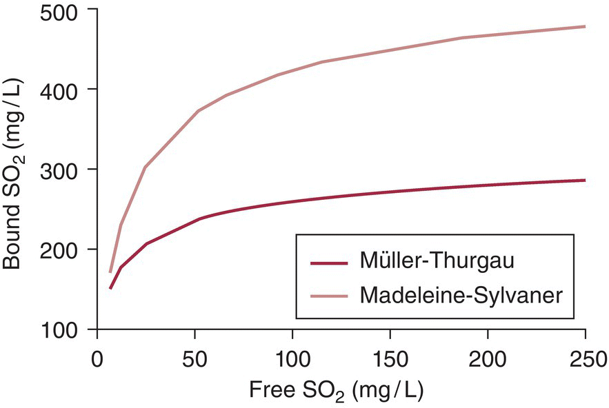 Graph plotting the changes in bound SO2 concentration following additions of free SO2 for two representative wines, Müller-Thurgau and Madeleine-Sylvaner.