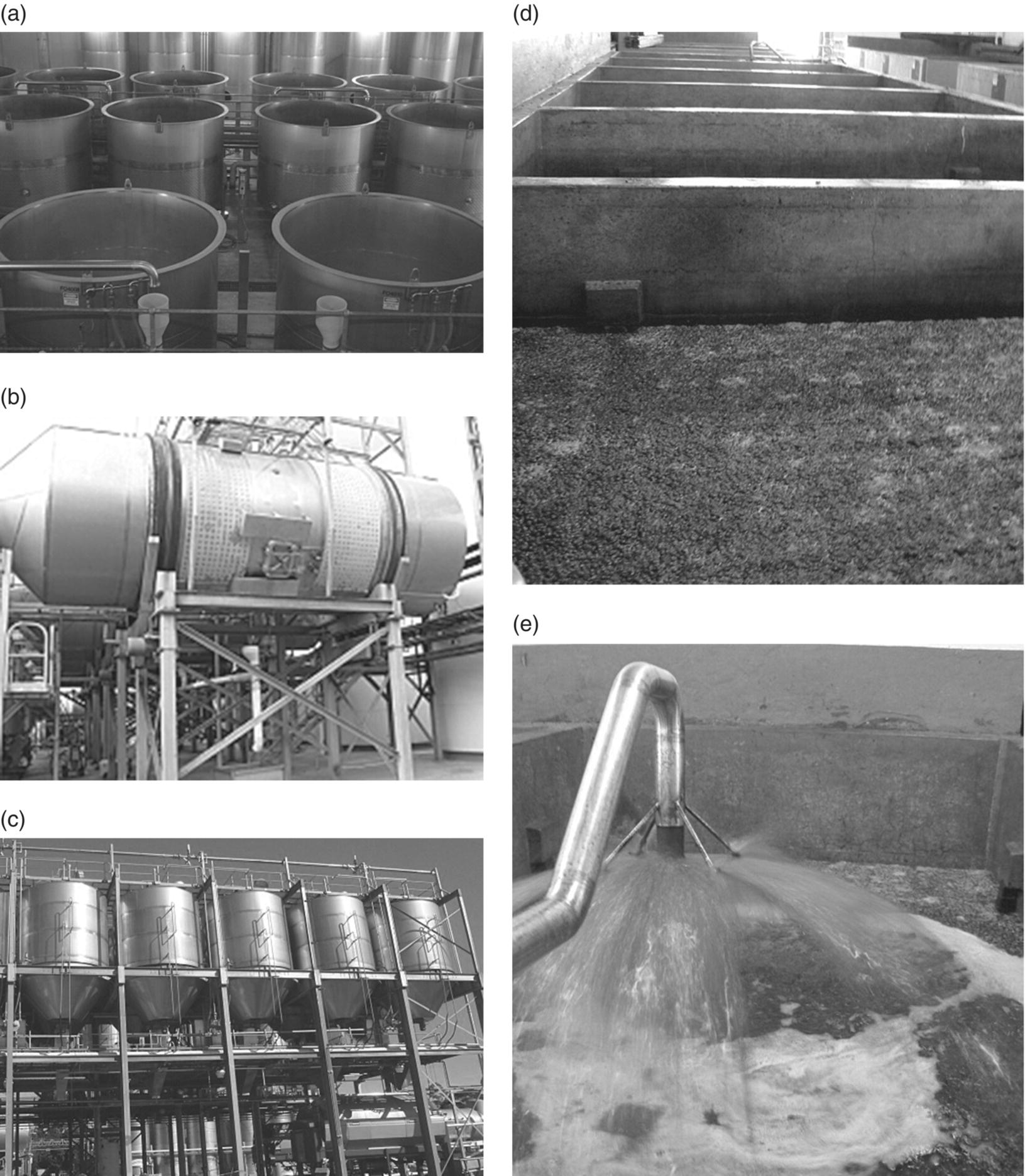 Photos displaying 5 tonne fermenters, 60 tonne rotary fermenters, 50 tonne closed static sweeping arm Potter (SWAP) fermenters, 6 tonne concrete open fermenters, and “pump over” to wet the cap in an open fermenter.