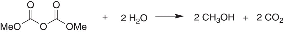 Schematic flow illustrating the reaction of dimethyldicarbonate (DMDC, left) with water to yield methanol and carbon dioxide.