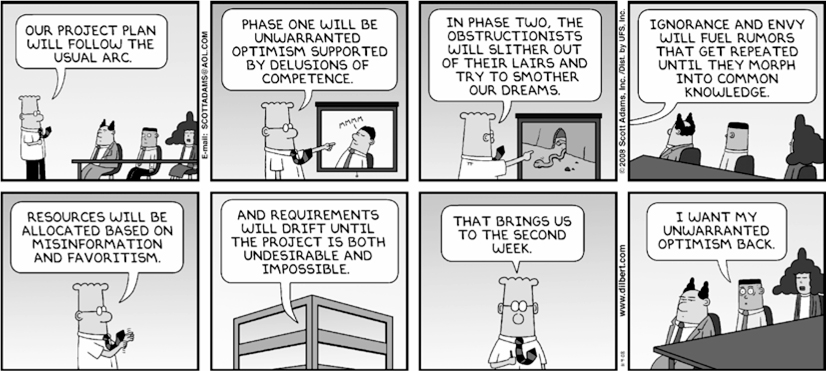 A comic strip shows an IT project starting with unrealistic expectation and ending in disappointment.