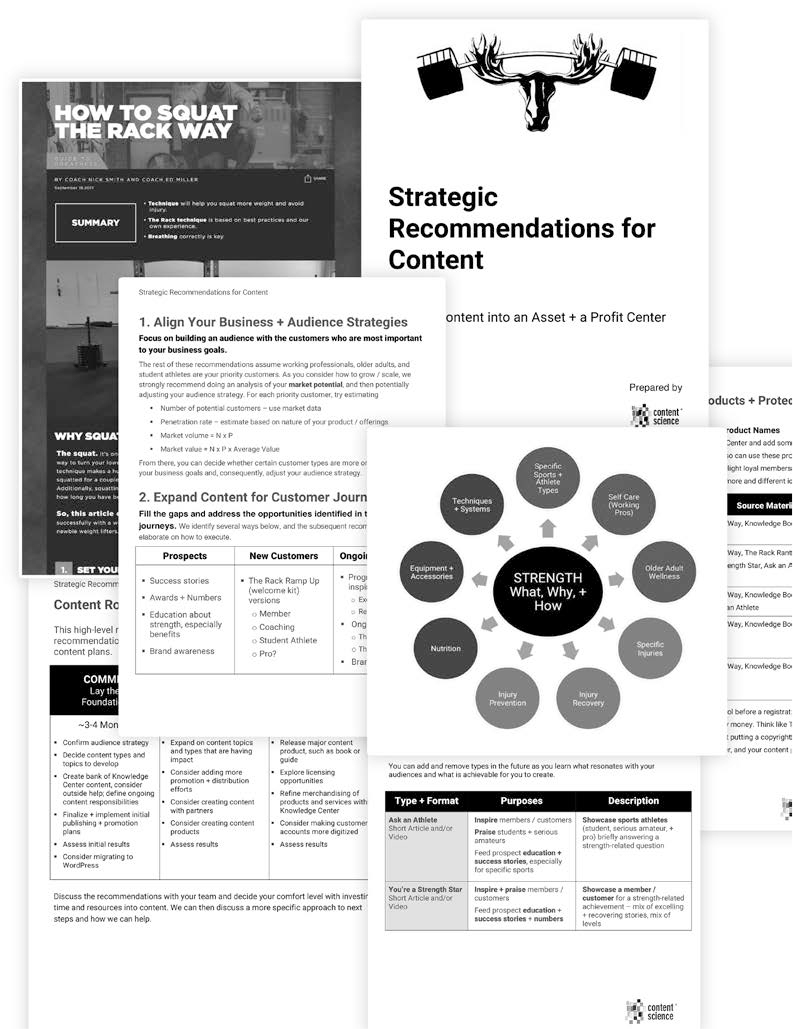 A set of pages regarding how to squat the rack way, strategic recommendations for content, a flow diagram for strength, etc., are placed on top of each other, representing a sample from the Racks 10-point content strategy.