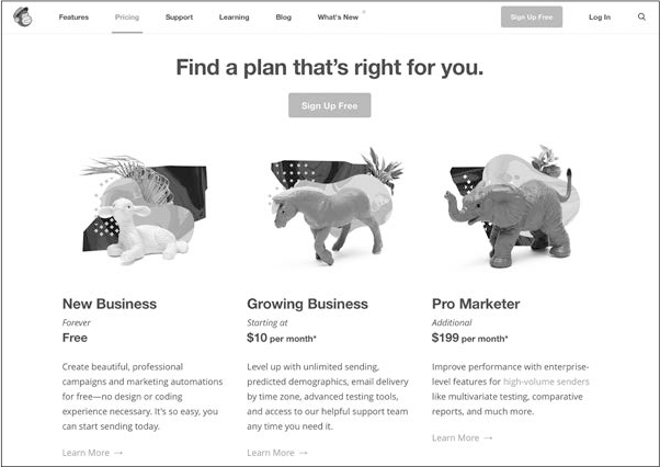 A screenshot of the MailChimp website shows how they tap into emotion with the plan name Growing Business.