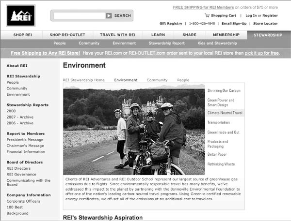 A screenshot shows the Environment section of the REI website.