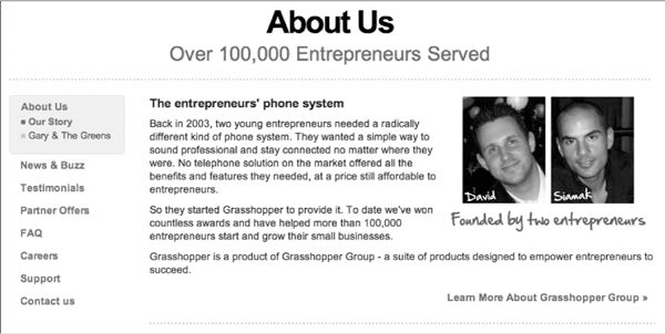 A screenshot shows Grasshopper telling the tale of its entrepreneurial roots.