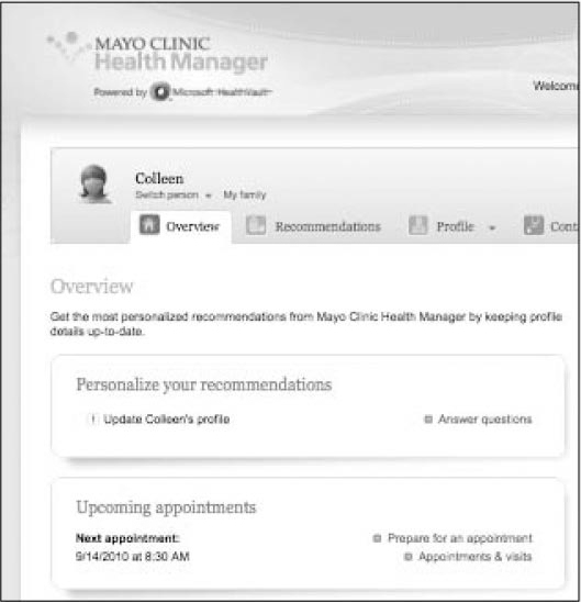 A screenshot of the Mayo Clinic Health Manager website shows a reminder of an upcoming appointment.