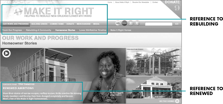 A screenshot shows the Make It Right Foundation using metaphor subtly but effectively.