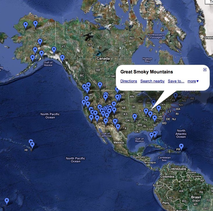 Google Maps results that display all of the national parks in the United States when passed KML results from microform.at