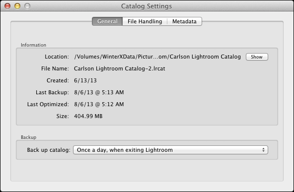 <strong>Figure 57:</strong> Choose when Lightroom backs up its catalog file.