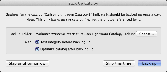 <strong>Figure 58:</strong> Lightroom backs up its catalog when you quit the application.