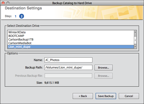 <strong>Figure 60:</strong> Specify a location for the catalog backup in the Elements Organizer.