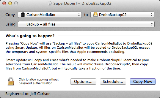 <strong>Figure 56:</strong> SuperDuper is set up to copy my external disk to a backup hard disk.