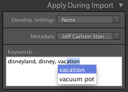 <strong>Figure 9:</strong> The information in the “Jeff Carlson Standard” preset I created will be applied in addition to specific keywords I enter.