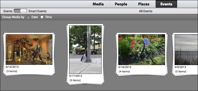 <strong>Figure 14:</strong> The Photoshop Elements Organizer automatically breaks out events by date in the Smart Events mode.