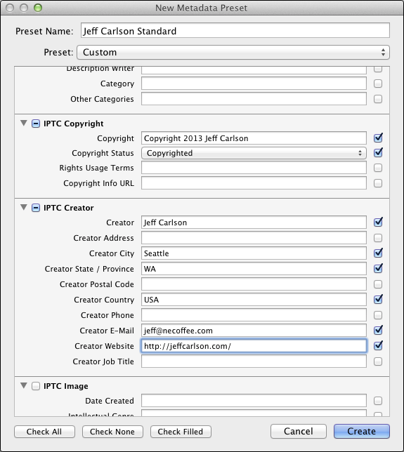 <strong>Figure 8:</strong> Creating a new metadata preset in Lightroom.