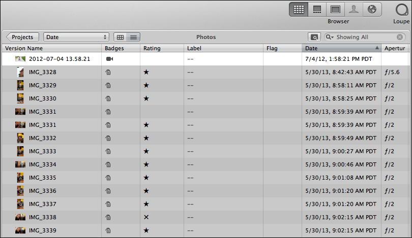 <strong>Figure 42:</strong> Aperture’s List view makes it easy to locate photos by date.