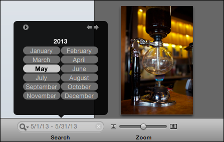 <strong>Figure 43:</strong> Choose a date range to view pictures using the Date picker from the Search field.