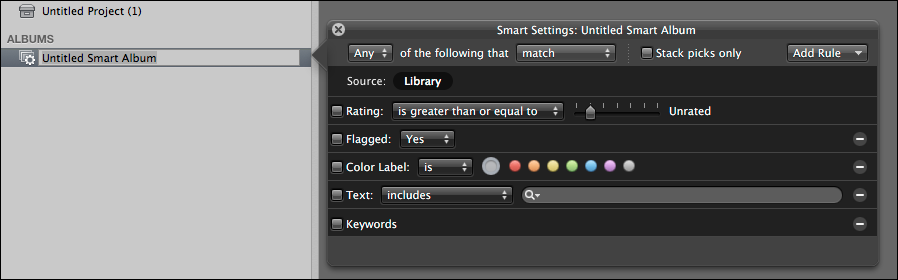 <strong>Figure 49:</strong> The settings to define a smart album in Aperture appear as a heads-up display (HUD).