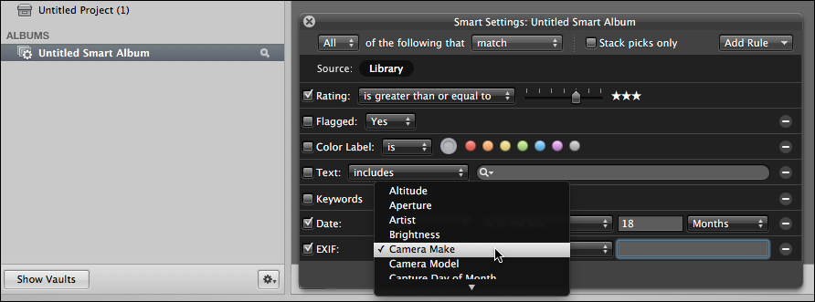 <strong>Figure 50:</strong> Adding the EXIF rule enables you to tap into EXIF metadata such as Camera Make.