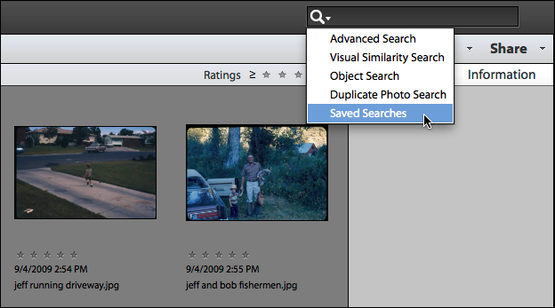 <strong>Figure 55:</strong> The backdoor method of loading saved searches in Photoshop Elements 11.