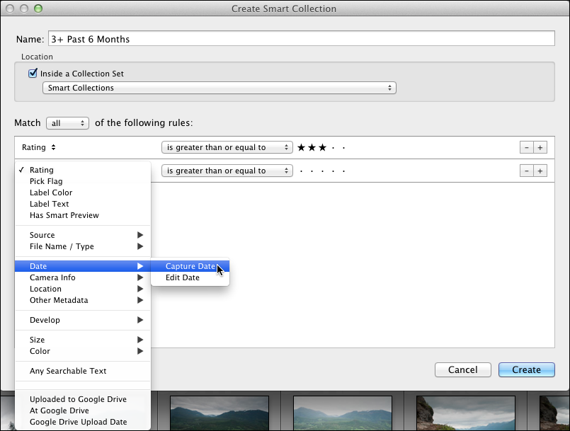 <strong>Figure 47:</strong> Defining smart collection criteria in Lightroom.