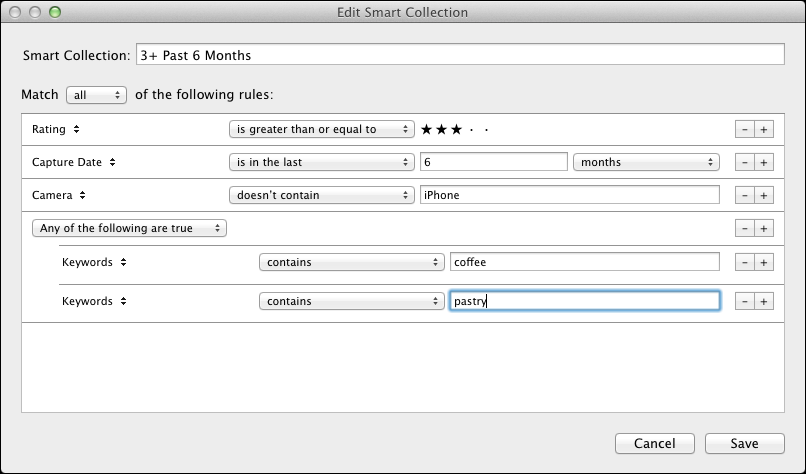 <strong>Figure 48:</strong> The nested condition tells the smart collection to find images matching the first three rules, but only if they contain the keywords `coffee` or `pastry`.