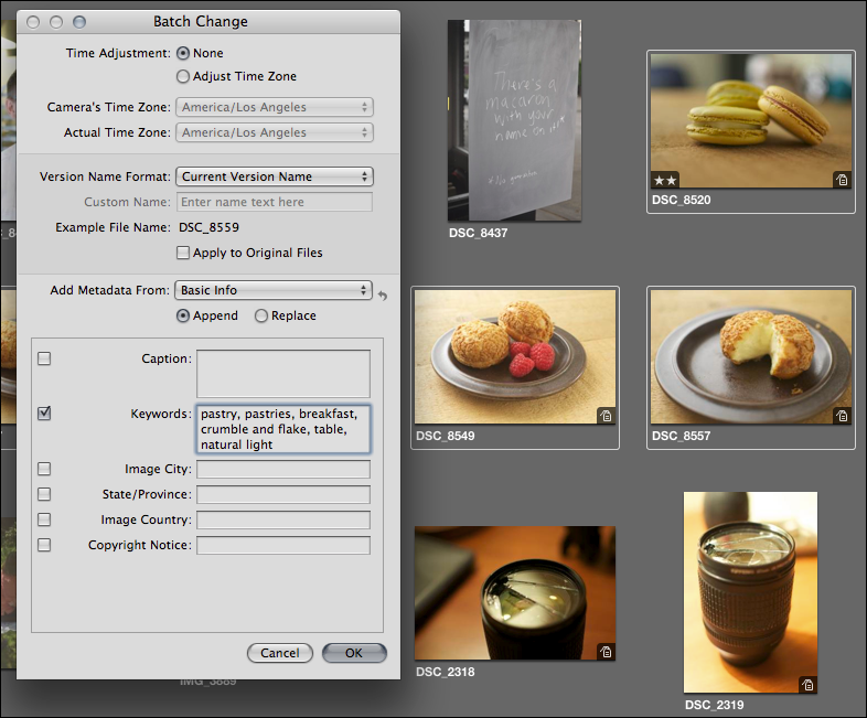 <strong>Figure 23:</strong> Appending keywords to a batch of images in Aperture.