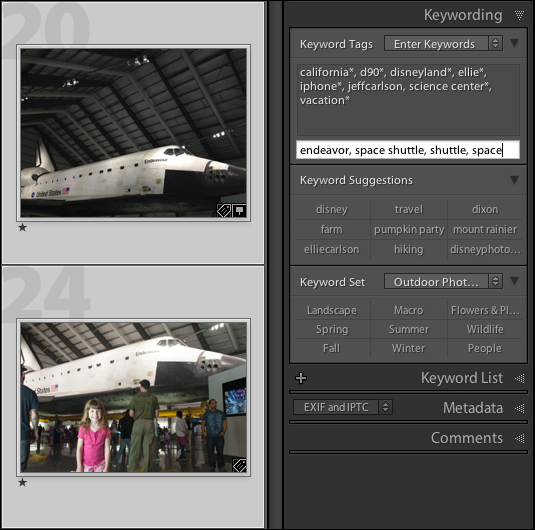 <strong>Figure 22:</strong> Adding keywords to selected images in Lightroom.