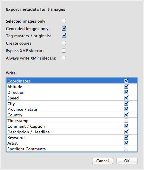 <strong>Figure 38:</strong> The EXIF/XMP Export options in HoudahGeo.