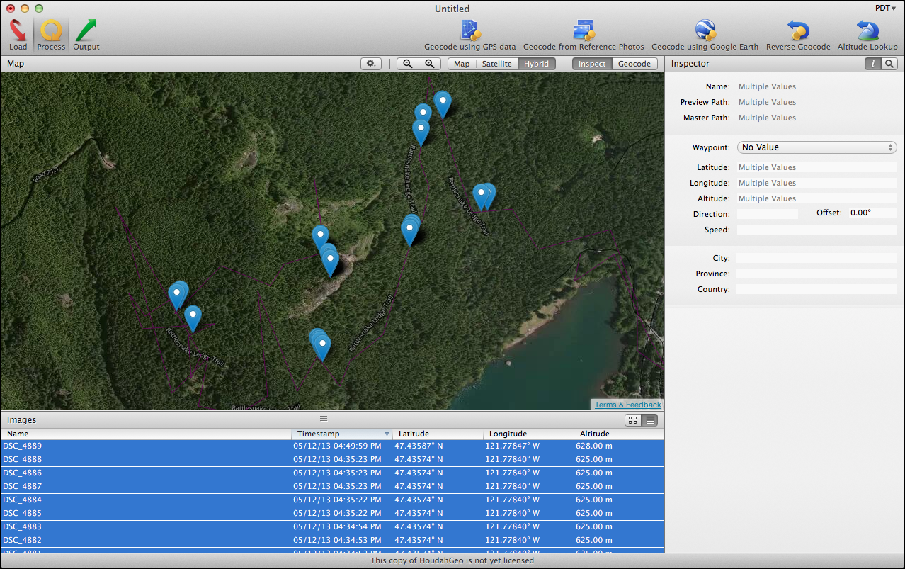 <strong>Figure 37:</strong>  HoudahGeo associates the tracklog data with the photos’ timestamps.