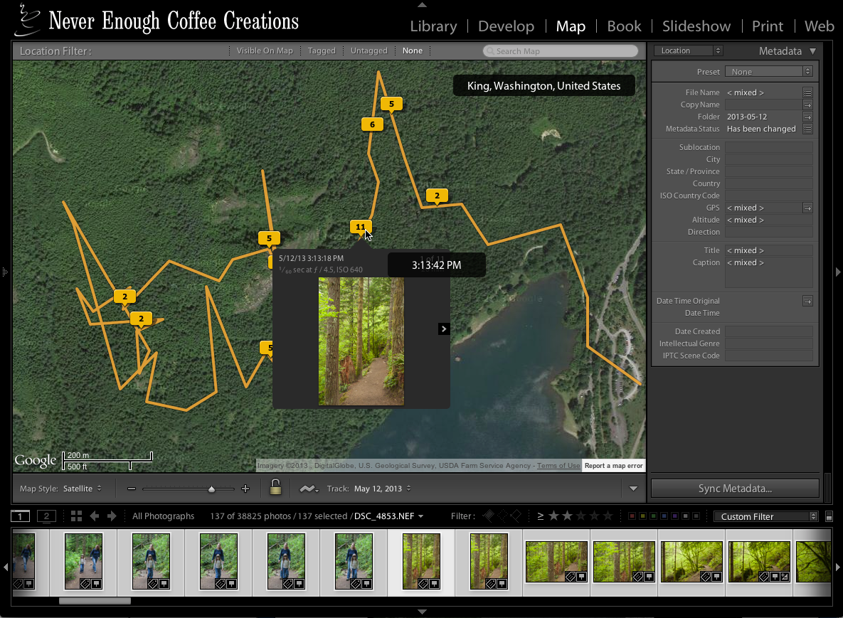 <strong>Figure 34:</strong> Photos gain location information from the tracklog in Lightroom.