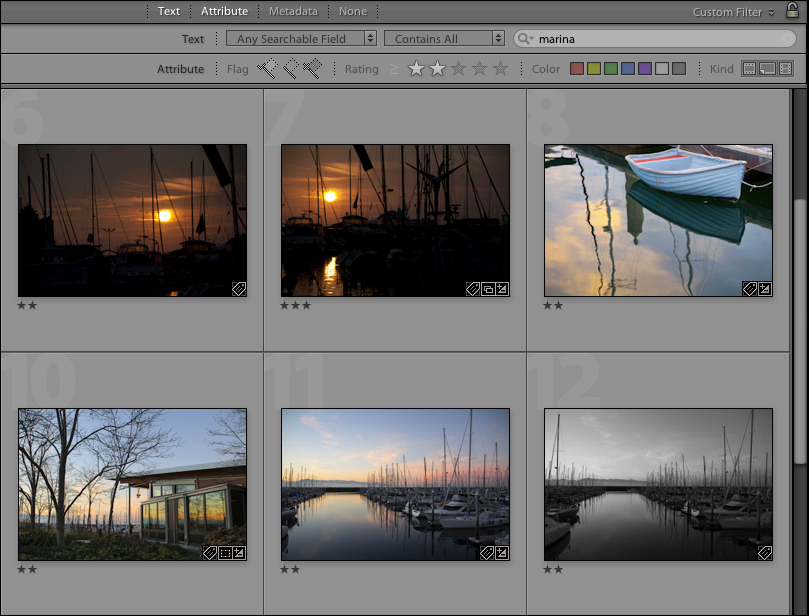 <strong>Figure 20:</strong> Searching for the term “marina” in Lightroom.