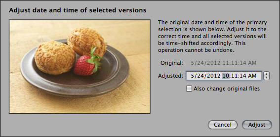 <strong>Figure 27:</strong> Correcting the capture time in Aperture.