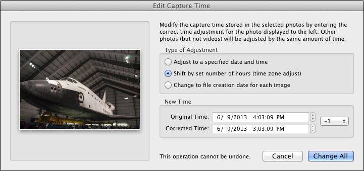 <strong>Figure 26:</strong> Correcting the capture time in Lightroom.