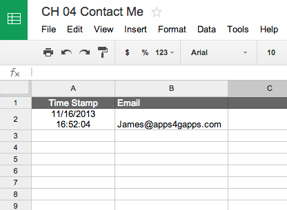 Each entry is saved in the spreadsheet and timestamped.