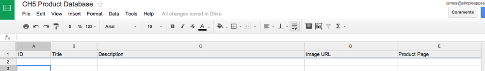 Spreadsheet set up as a database for the image repository