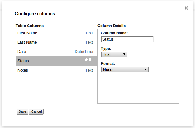 The format of the column is set in the type drop-down